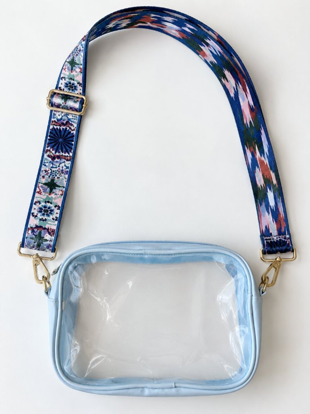 Clear Crossbody Bag Light Blue Trim Adjustable Patterned Strap Game Day Purse